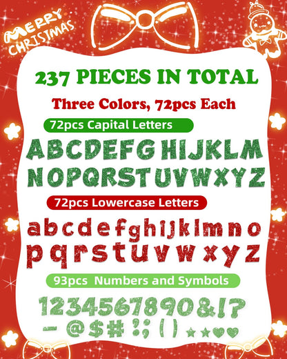 237 Pcs Christmas Glitter Bulletin Board Letters Decorations, Numbers and Punctuation 4 Inch, Alphabet Cut Out Cardboard Letters for Poster Bulletin Board Accessories for Display Decorating Supplies