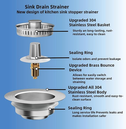 3 in 1 Kitchen Sink Drain Strainer, Universal Stainless Steel Kitchen Sink