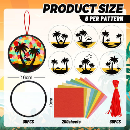 AnyDesign 36 Sets Summer Beach Suncatcher Paper Crafts Kit Tropical Palm Tree DIY Tissue Paper Crafts Hanging Ornament for Stained Glass Window Hawaiian Party Classroom Decor