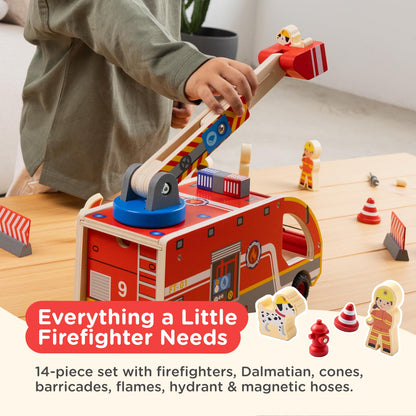 Nene Toys Wooden Fire Truck Toy Set – FSC Fire Engine with Rotating Ladder, Magnetic Hose, Hydrant, 3 Firefighters, Dalmatian & Accessories – Durable Wood Truck Toy for Kids 2+