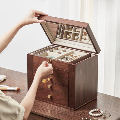 CHOSIN Black Walnut Wooden Jewelry Box for Women with Mirror, 5 Drawers and 2 Side Doors for Watches, Necklaces, Rings, Earrings Storage, Ideal Gift for Her, Fathers Day Gift