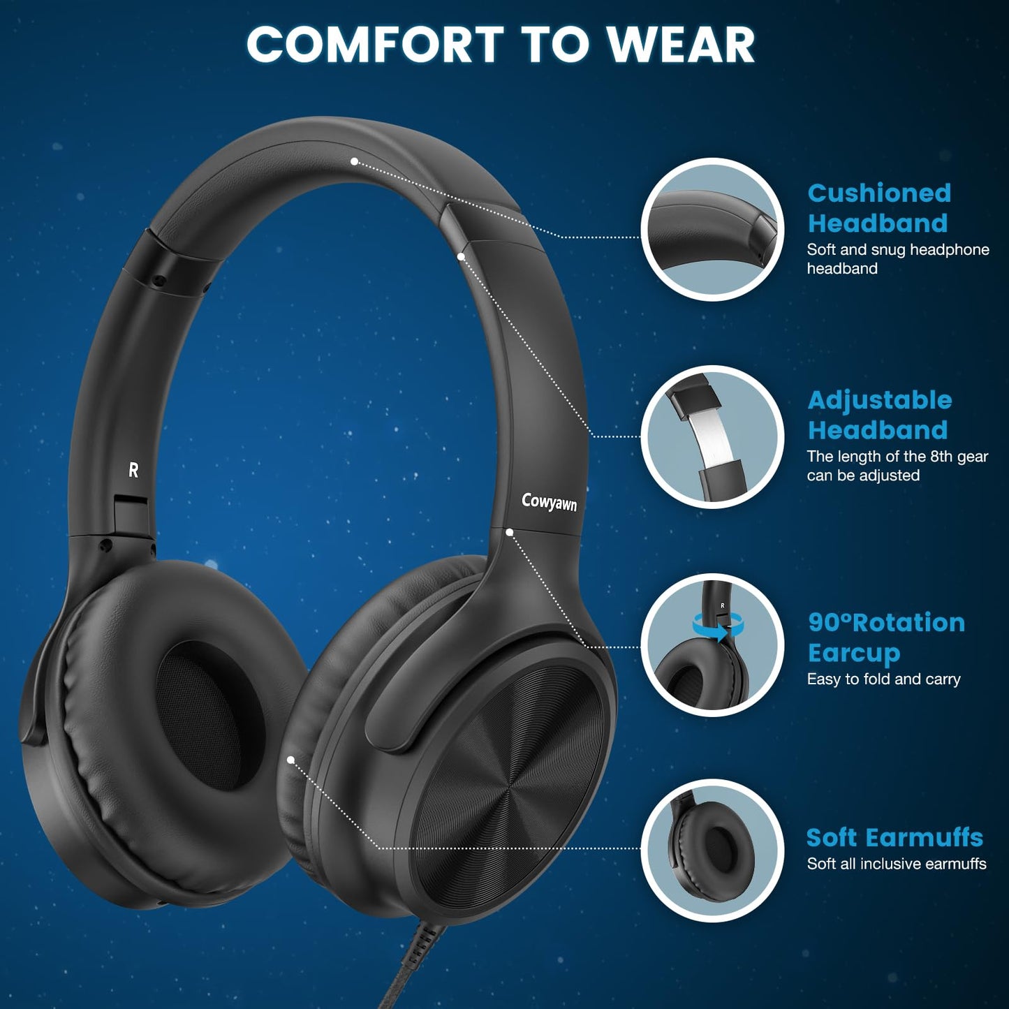 Cowyawn Over Ear Headphones Wired, 3.5mm Foldable Wired Headphones with Microphone, Volume Control, HD Stereo Sound, Lightweight Headphones for Adult/Teens/Chromebooks/Laptop/Computer/Tablets, Black