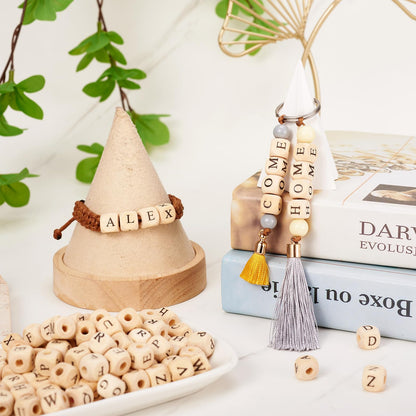 KISSITTY About 1060pcs Maple Wooden Beads for Crafts Mixed Letter A-Z Wood Beads Cube Alphabet Beads Large Hole Wood Spacer Beads for Necklaces Bracelets Earrings Jewelry Making 10x10x10mm