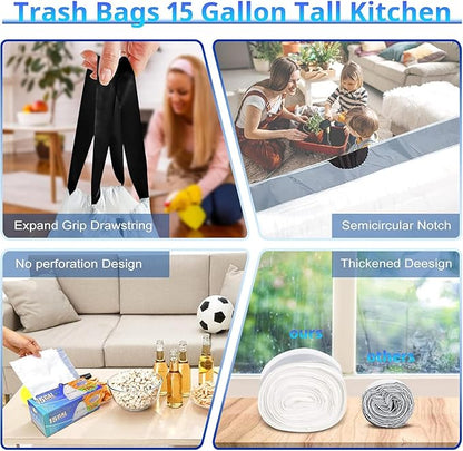 Allclean 13 To 15 Gallon Trash Bags, Tall Kitchen Garbage Bags Drawstring
