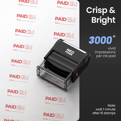 NEO MARK Self-Inking Paid Rubber Stamp, Replaceable Office Stamp for for Business, Accounting & Retail Use – with an Extra Refill Ink Pad