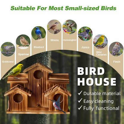 Puyikes Bird House for Outside 5 Hole Bird Houses Room for 5 Bird Families Large Bird House for Garden/Courtyard/Backyard for Garden Decor-Finch Bluebird Cardinals Handmade Wooden Hummingbird House