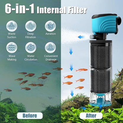 Submersible Aquarium Filter, Upgraded 50-150 Gallon Fish Tank Filter with Fish Guard, Internal Whisper Pump for Turtle Tank, Debris Tray, Check Valve, Fresh/Saltwater, 12-Inch