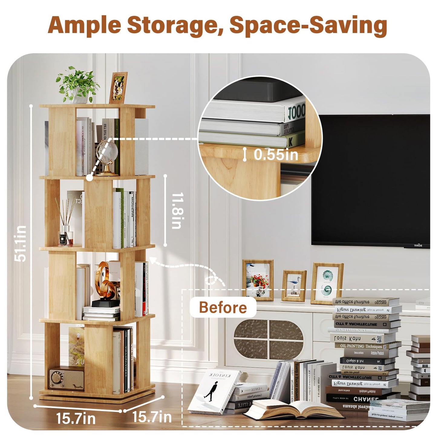 Natural Wooden 4-Tier 360° Rotating Bookshelf Tower, Stable Square Spinning Revolving Corner Bookcase, Floor Standing Narrow Storage Organizer for Kids & Adults, Space Saving Book Rack for Bedroom