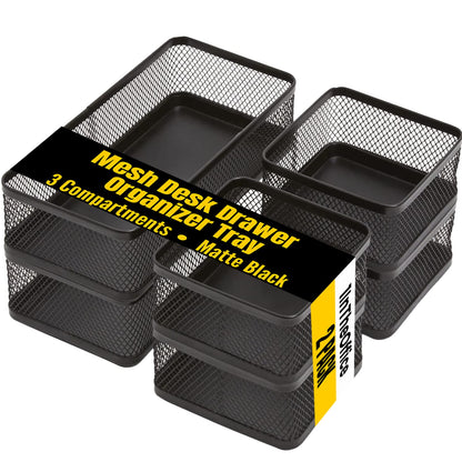 1InTheOffice Mesh Collection Desk Drawer Organizer Tray 3 Compartment - Stackable, Matte Black (2pack)