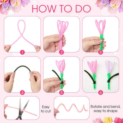 Chicplaid 800 Pcs Pipe Cleaners Craft, Tulip Pipe Cleaners Flowers Kit, 8 Colors Chenille Stems with Floral Wires, Gardening Tape, Stamen, Floral Wrapping Paper & Ribbon for Wedding DIY Craft