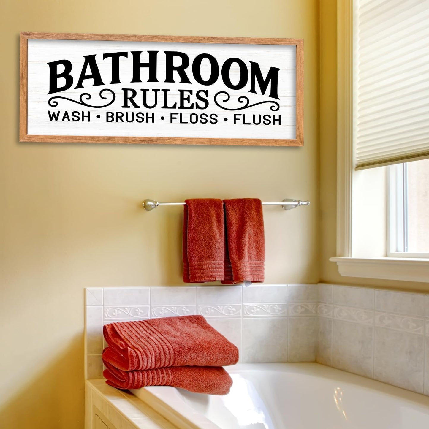 AuraPeak Bathroom Rules Wash Brush Floss Flush Wall Decor Funny Wooden Quote Sign Home Farmhouse Laundry Room Restroom Toilet Shelves Hanging Art Wall Decor (Wood White 32"×12")