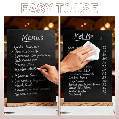Neworkg 6 Pack Chalkboard Sign with Wood Base, Tabletop Message Board Sign for Wedding, Restaurant and Party Decoration, 7.87x11.81 Inches