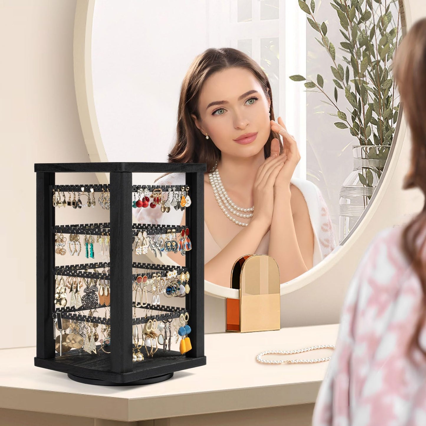 Emfogo 360 Earring Holder Organizer, Rustic Wood Earring Stand, Rotating Wooden Display, 4 Tiers Earring Organizer Stand for Stud Earrings, Hoop Earrings & Necklaces, Women Gifts