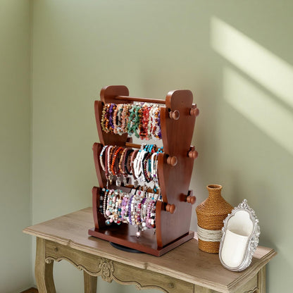 Two-Sided Rotating Wooden Jewelry Bracelet Holder Stand – 3-Tier Display with 6 Removable Bars for Bracelets, Bangles, Watches & Accessories – Brown Wooden Organizer for Home or Retail Showcase