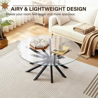 Round Glass Coffee Table-Mid Century Modern Solid Wood Coffee Table | Unique Glass Top&Solid Wood Mortise Interlocking Starburst Legs Design for Living Room,Office,Hotel Lobby