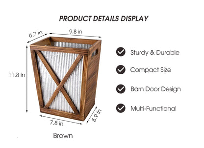 Venalys Small Wood Trash Can Wastebasket, Decorative Barn Door Garbage Can Waste Basket, Rustic Distressed Rectangular Trash Bin, Farmhouse Wooden Storage Basket Waste Paper Bin (Brown)