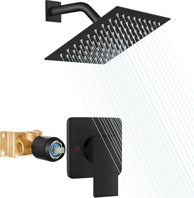 Heyalan Shower Faucet Set with Valve, Bathroom Rainfall Shower System, Wall Mount Single Handle Shower Trim Kit, Rainfall Fixed Shower Head, 8 Inch Square Shower Head, Matte Black