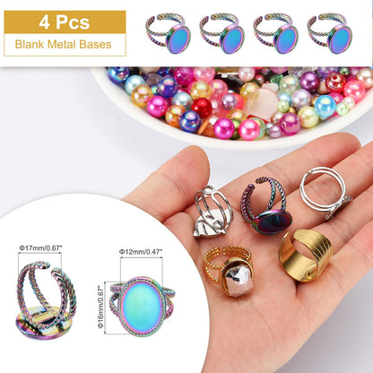 MECCANIXITY 4Pcs Stainless Steel Ring Base Blank, 16x12mm Adjustable Pad Cabochon Ring Blank Base Flat Bezel Tray for Jewelry Making Finding DIY, Rainbow