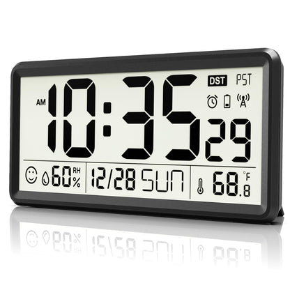 EASYERA 15'' Large Digital Wall Clock Battery Operated, Atomic Clock with Indoor Temperature and Humidity, Self-Setting with Auto DST, for Kitchen, Classroom, Living Room (Batteries Not Included)