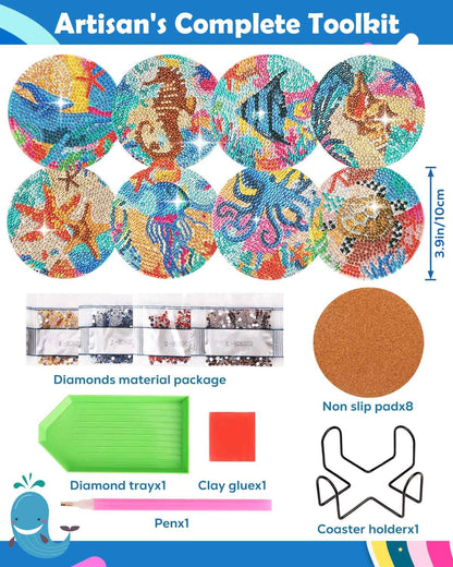 8 Pcs Diamond Art Painting Coaster Kit, DIY Small Gem Diamond Art Kits for Adults Women Beginners Kids, Diamond Dotz Kits Non Slip Coaster Craft Art Supplies (Ocean)