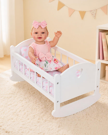 BABESIDE Wooden Baby Doll Crib for 12-16 Inch Dolls, Doll Bed with Pink Heart Bedding, Doll Furniture Baby Doll Accessories for Pretend Play, Gift for Girls Ages 3+