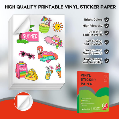 60 Sheets Premium Printable Vinyl Sticker Paper for Inkjet Printers Glossy White 8.5x11 Inch Waterproof & Vibrant Colours Retains Ink Well Tear Resistant Great for Cutting Machines