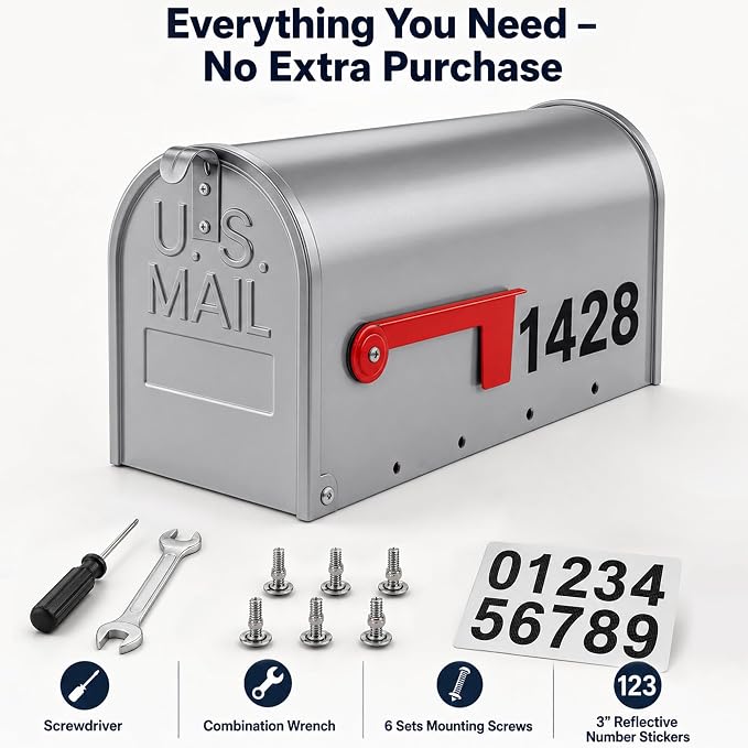 Mailbox for Outside,Metal Post Mount Outdoor MailBoxes - with Tools,Screws,Number Stickers,Red Flag Indicated,Medium Capacity,Galvanized Steel,Waterproof Mail Box for House Outside,20 x 8.7 x 6.7 ”