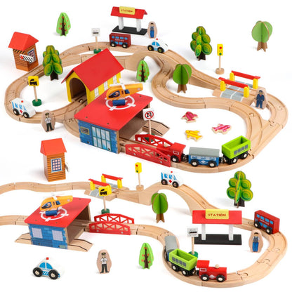 Qilay 69 PCS Wooden Train Set -Premium Wood Train Tracks & Trains Toys for Toddlers 3,4,5 Years Old, Expandable Train Toys Railway Kits for Girls Boys, Fit All Major Bands Train Tracks Set