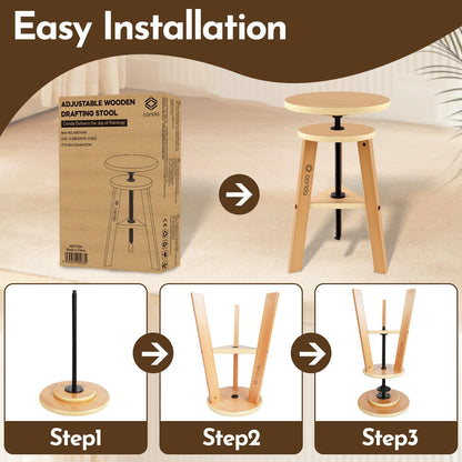 conda Adjustable Height Wooden Drafting Stool 20" to 25", Beech Wood Artist Stool for Drafting, Painting, Office, Studio, Kitchen, Bar, and Home Use