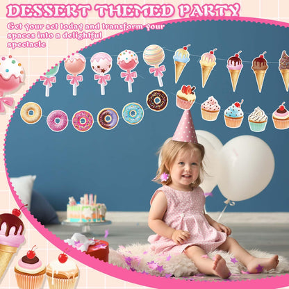 Saypacck 64 Pcs Candy Party Decorations Includes 8 Pack Ice Cream Party Banner Donut Theme Lollipop Cupcakes Banner Hanging Donut Garland Kit for Grow up Birthday Party Supplies