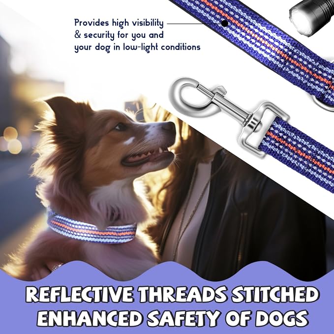 Reflective Dog Collar and Leash Set (4 FT/5 FT), Nylon Leash with Heavy-Duty Steel D-Ring, Adjustable Collar with Quick Release Buckle - 4 Color Matching in Dark Blue