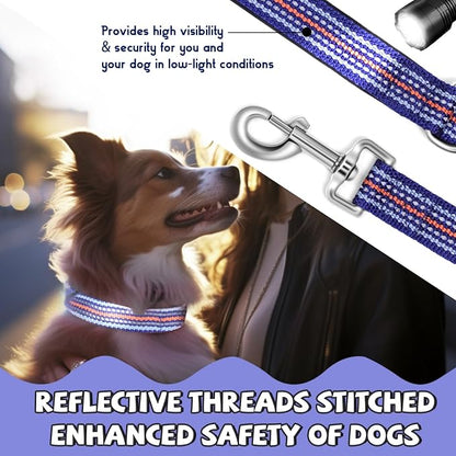 Reflective Dog Collar and Leash Set (4 FT/5 FT), Nylon Leash with Heavy-Duty Steel D-Ring, Adjustable Collar with Quick Release Buckle - 4 Color Matching in Dark Blue