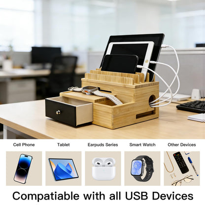 PERFECYEE Bamboo Charging Organizer for Multi-Devices, with Drawer and Pen Holder, Nightstand Desk Charging Stations Electronic Organizer for Cell Phone, Tablet, Etc (with 5-Cable, No USB Charger)