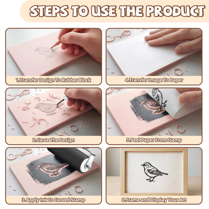 Oopsu Linocut Printmaking Kit - 6 PCS 4"x6" Soft Rubber Linoleum Blocks, Brayer & Carving Tools | Block Printing & Stamp Making Supplies for Beginners, Hobbyists & Artists
