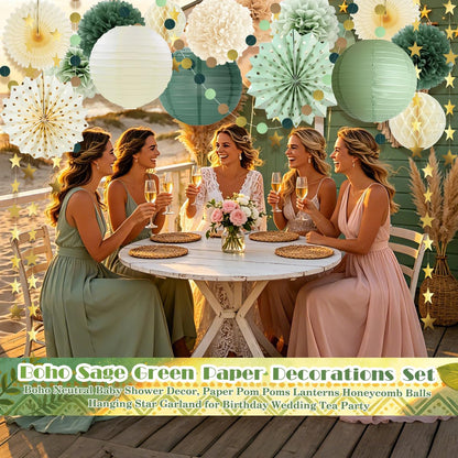 Boho Paper Decorations Set, Sage Green Party Decorations Set, Boho Neutral Baby Shower Decor, Paper Pom Poms Lanterns Honeycomb Balls Hanging Star Garland for Birthday Baby Shower Wedding Tea Party
