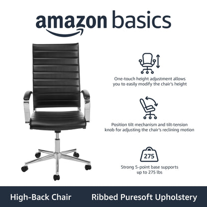 Amazon Basics High-Back Swivel Office Chair with Lumbar Support, Ergonomic Ribbed Faux Leather, Adjustable Height, 45.25" x 24.75" x 23.25", Black