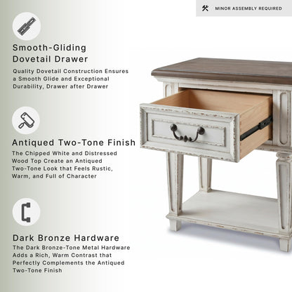 Signature Design by Ashley Realyn Traditional Cottage 1 Drawer Nightstand with Dovetail Construction & Open Display Shelf, Chipped White, 27" Tall, Distressed Brown