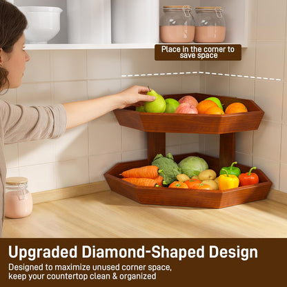 Tequie Wooden Fruit Basket for Kitchen Counter 2 Tier, Large Capacity Fruit Bowl for Corner, Space-Saving Fruit Stand Holder for Bread Fruit and Vegetable Storage Kitchen Countertop Organizer