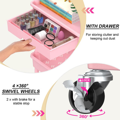Goovilla 3 Tier Rolling Utility Cart Organizer with Removable Drawer, Stable and Sturdy Black Rolling Storage Carts with 2 Lockable Wheels for Bathroom, Kitchen, Snack, Craft, Makeup, Baby Essentials