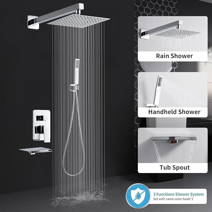 Chrome Shower Faucet Set with Tub Spout 10 Inch, Shower Head and Handle Set with 2 Hooks, Tub and Shower Faucet Combo, Rain Shower and Handheld Shower System Square Wall Mount for Bathroom