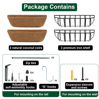 DUNCHATY 24 Inch Railing Planter 2 Pack - Adjustable Metal Window Box Planter with Coco Liner for Deck Balcony Porch Fence - Outdoor Hanging Flower Basket for Herbs & Flowers