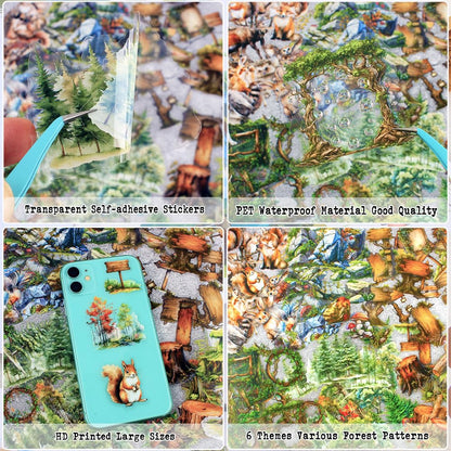 Dwpetzo 150Pcs PET Forest Landscape Stickers for Journaling and Scrapbooking, 6 Themes with Pine Trees Woodland Animals Wooden Stumps Moss Nature Scene Stickers for Junk Journal Supplies, Collage