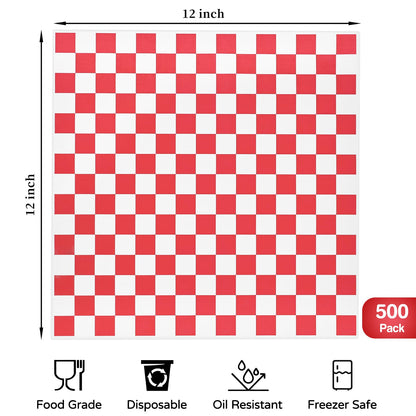 Ocmoiy 500 Sheets Sandwich Wrapping Paper, 12 x 12 Inches Red and White Checkered Deli Paper Liners for Plastic Food Basket, Hamburger Hot dog Wrappers, BBQ, Picnic
