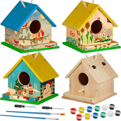 Liliful 12 Sets Wooden DIY Birdhouse Kit, Unfinished Bird Houses with Paints and Paintbrushes, Bird Feeder Craft Arts for Kids Ages 4-8, 8-12, Classroom Activity and Adults Wooden Craft Gifts