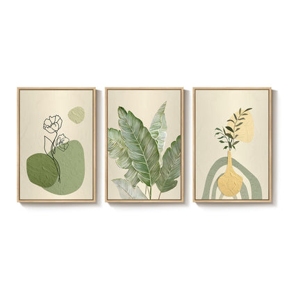 Framed Botanical Modern Wall Art for Living Room, 3 Piece Canvas Prints Boho Floral Green Picturs Wall Decor, Minimalist Neutral Sage Green Plant Wall Art for Bedroom Dining Room Office 16x24