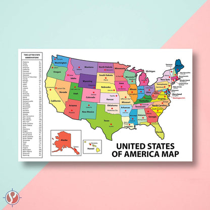 United States Map - USA Poster, US Educational Map - With State Capital - for Ages Kids to Adults - Home School Office - Printed on 12pt. Glossy Card Stock | Bulk Pack of 10 |11 x 17 Inches
