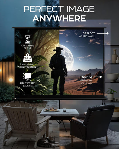 PropVue Projector Screen with Stand 100 inch - Indoor and Outdoor Projection Screen for Movie or Office Presentation - Adjustable from 16:9 to 4:3 HD Premium Wrinkle-Free Tripod Screen