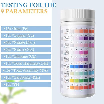 9 in 1 Aquarium Test Strips, 120 Count Fish Tank Water Testing Kit for Freshwater Saltwater Pond, Testing: Fe, Cu, Nitrate, Nitrite, Chlorine, GH, Alkalinity, Carbonate, PH