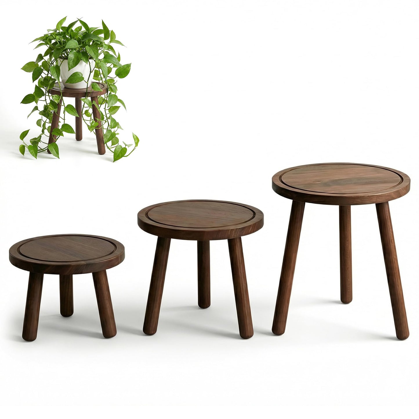 SEQUEDA 3-Pack Plant Stand Indoor, Single Wood Plant Stand for 6-12 Inch Pots, Modern Plant Stool for Large Plants, Wooden Plant Table Tall Plant Holder for Living Room Balcony Office (Dark Brown)
