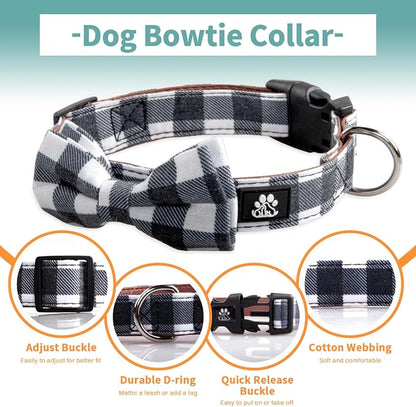 IVY&LANE Dog Collar with Bowtie and Leash Set | Plaid Adjustable Dog Collar | Detachable Bow Tie |5 FT Dog Leash | for Small Medium Large Dogs | Checkered Black | Large